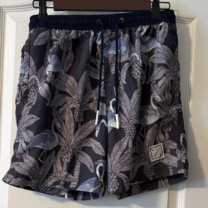 American Eagle Outfitters Navy Flamingo Leaf Swim Trunks